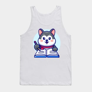 Cute husky writing on book with pencil cartoon Tank Top